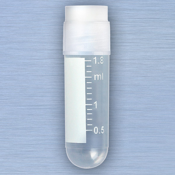 CryoCLEAR vials, 2.0mL, STERILE, External Threads, Attached Screwcap with Co-Molded Thermoplastic Elastomer (TPE) Sealing Layer, Round Bottom, Printed Graduations, Writing Space and Barcode, 50/Bag