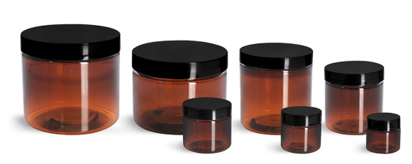 12 oz Amber PET single wall jar with 89-400 neck finish w/ Black Plastic Lined Cap - Case of 280