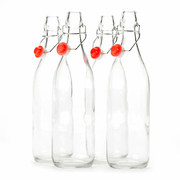 Set of 4-33.75 Oz Giara Glass Bottle with Stopper Caps, Carafe Swing Top Bottles with Airtight Lids