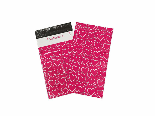 6"x 9" Hot Pink Poly Mailer with Hearts, pack of 100
