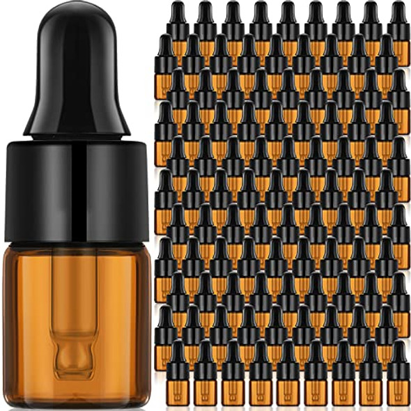 Nuogo 100 Pcs Amber Glass Mini Dropper Bottles Essential Oil Dropping Bottles Small Empty Sample Bottles Glass Vial with Dropper, Black Caps Tiny Amber Glass Bottles Perfume Jars for Traveling(2 ml)