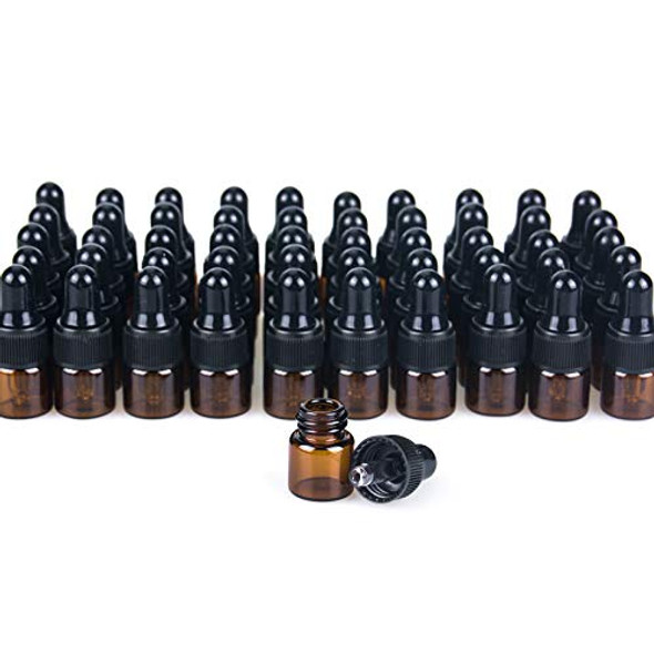 Eassen 50pcs 1ml Amber Mini Glass Dropper Bottles, Small Amber Sample Bottle with Glass Eye Dropper for Essential Oils Sample Traveling