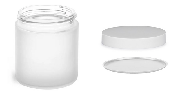 4 Oz Frosted Glass Straight Sided Jars w/ White Cap and Insert