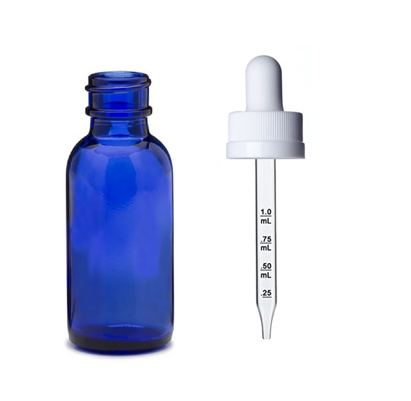 1 oz Blue Glass Bottle w/ White Child Resistant Calibrated Glass Dropper