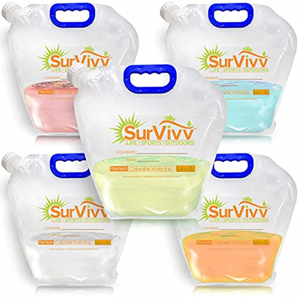 SurVivv Premium Collapsible Water Container Bag, No-Leak, Freezable, Odorless, Flat Folding, BPA Free Food Grade Clear Plastic Storage Tank for Sports Outdoors Camping (1.3 Gal 5Pk)