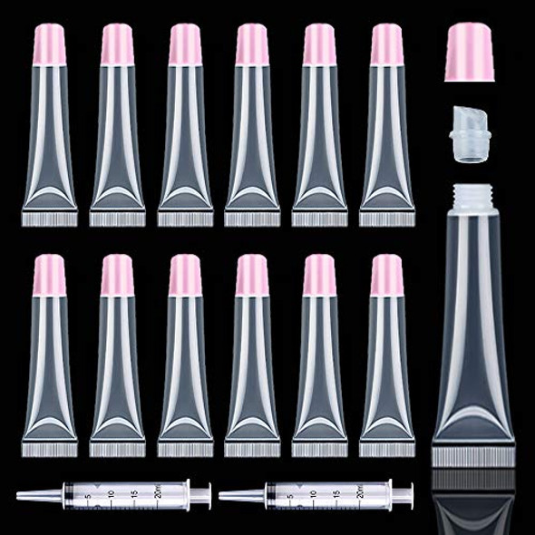 AMORIX 50PCS Lip Gloss Tubes 15ml Pink Cap Lip Gloss Containers Empty Lip Balm Tubes Cosmetic Squeeze Lipgloss Tubes + 2 x 20ml Syringes Tag Labels for DIY Lip Gloss Base