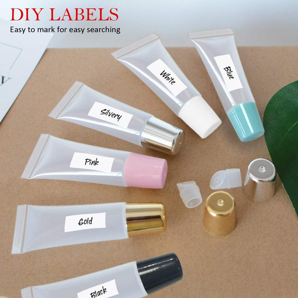 AMORIX 50PCS Lip Gloss Tubes 5ml Black Cap Lip Gloss Containers Empty Lip Balm Tubes Refillable Cosmetic Squeeze Lipgloss Tubes + 2 x 20ml Syringes Tag Labels for DIY Lip Gloss Base Glitter