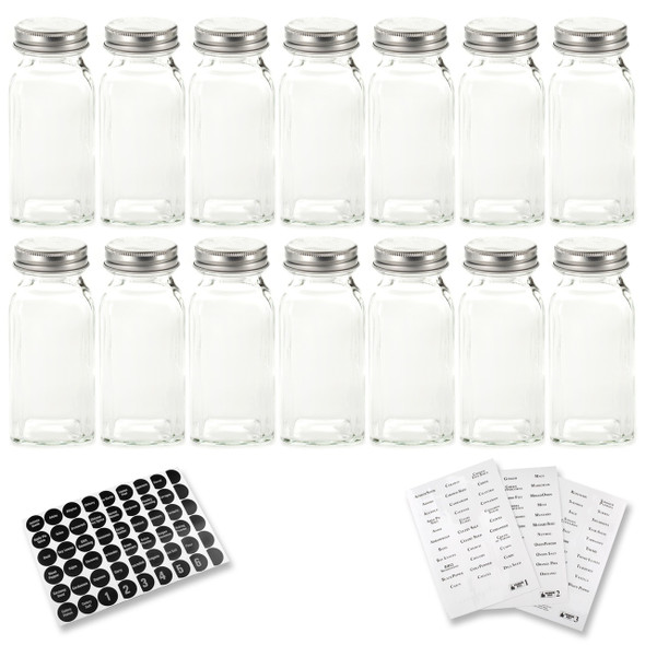 16 Pack 6 oz Glass Spice Jars with 80 Black Labels,180ml Empty Square Spice  Containers Seasoning Bottles with Silver Caps and Shaker Lids for Kitchen