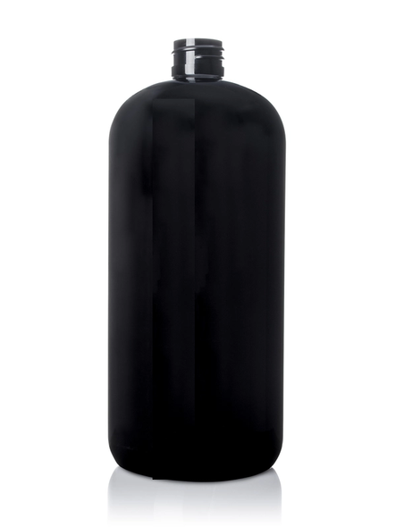 32 oz black PET plastic boston round bottle with 28-410 neck finish