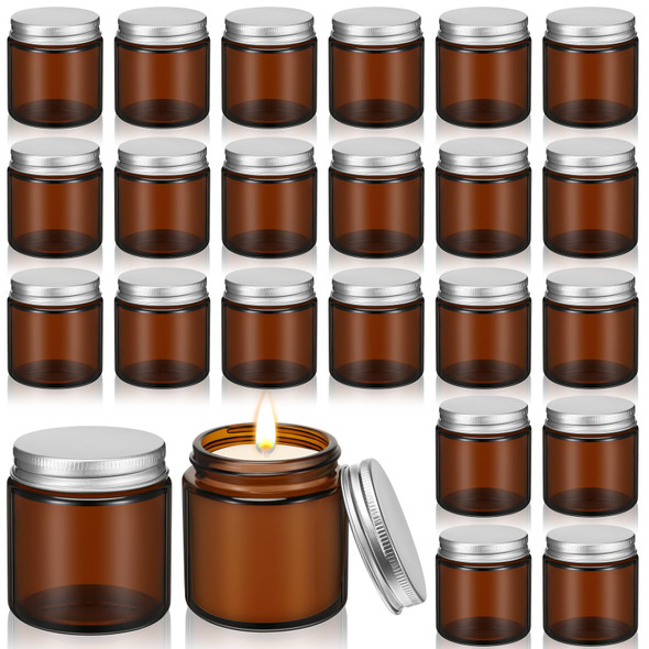 24 Pcs Glass Candle Jars with Lids Bulk, 4 oz Amber Round Empty Candle Container Tins for Making Candles, Dishwasher Safe and Leakproof, Candle Holder Containers for DIY Crafts (Silver)