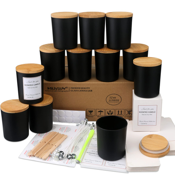 12 Pack 12 OZ Black Matte Glass Candle Jars with Lids and Candle Making Kits - Bulk Empty Candle Jars for Making Candles - Spice, Powder Containers.