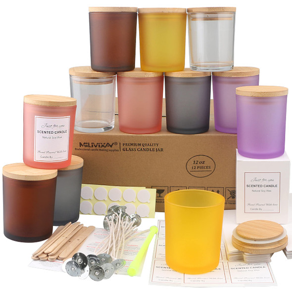 12 Pack 12 OZ Multicolored Glass Candle Jars with Lids and Candle Making Kits - Bulk Empty Candle Jars for Making Candles - Spice, Powder Containers.