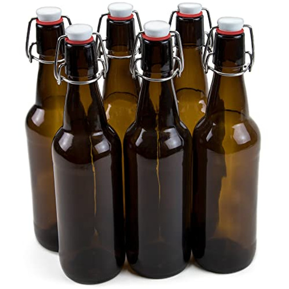 Cocktailor Glass Grolsch Beer Bottles (6-pack, 16.9 oz./500 mL) Airtight Seal with Swing Top/Flip Top Stoppers - Home Brewing Supplies, Fermenting of Alcohol, Kombucha Tea, Wine, Soda - Dark Amber