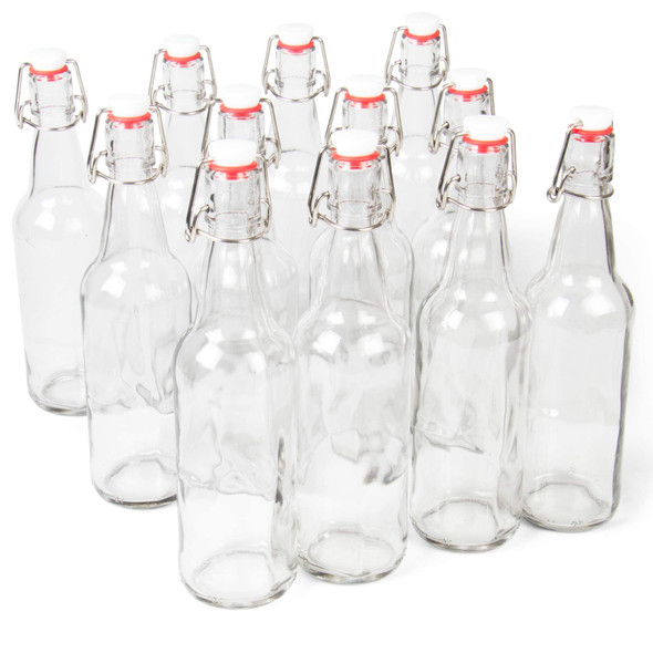 Cocktailor Glass Grolsch Beer Bottles (12-pack, 16.9 oz./500 mL) Airtight Seal with Swing Top/Flip Top Stoppers - Home Brewing Supplies, Fermenting of Alcohol, Kombucha Tea, Wine, Soda - Clear