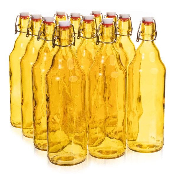 Cocktailor Glass Grolsch Beer Bottles (12-pack, 33.8 oz./1000 mL) Airtight Seal with Swing Top/Flip Top Stoppers - Home Brewing Supplies, Fermenting of Alcohol, Kombucha Tea, Wine, Soda - Yellow