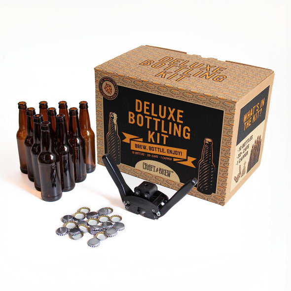 Deluxe Bottling Kit – Craft a Brew Homebrew Bottler Equipment – Home Brewing Easy Bottling Set – 10 Empty 12oz. Amber Glass Bottles – 30+ Caps – 1 Capper…