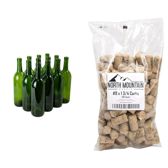 Home Brew Ohio 6 Gallon Bottle Set: Green Claret/Bordeaux (36 Bottles) & North Mountain Supply - NMS Amorim Grape #9#9 Premium Natural Agglomerated Corks 15/16" x 1 3/4" - Bag of 100