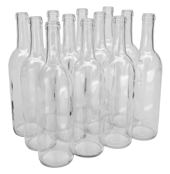 North Mountain Supply 750ml Glass Bordeaux Wine Bottle Flat-Bottomed Cork Finish - Case of 12 - Flint/Clear