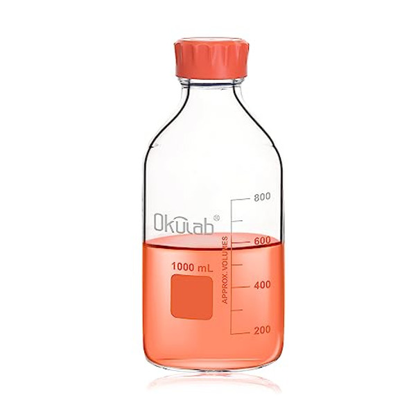 Okulab 1000ml(34oz) Round Media Storage Bottles, 3.3 Borosilicate Glass, with GL45 Screw Caps in PP Materia, GL45RB1000A1