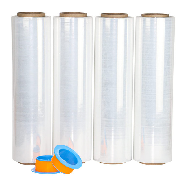 BOMEI PACK Clear Stretch Wrap Roll with Plastic Handle 18" x 1000 Feet 80 Gauge 4 Pack, Shrink Wrap Heavy Duty, Self-Adhering Plastic Wrap for Shipping, Moving