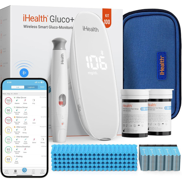 iHealth Gluco+ Wireless Smart Blood Glucose Monitor Kit with Free App, 100 Glucometer Strips, 100 Lancets, 1 Blood Sugar Monitor, 1 Lancing Device, Portable Diabetes Testing Kit for Home