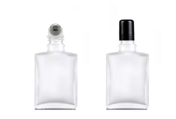 50ml Frosted Sqaure Glass Bottle w/ Steel Roller Ball & Black Cap