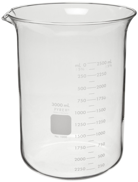 Corning Pyrex 1000-3L Glass 3 Liter Graduated Low Form Griffin Beaker, 125mL Graduation Interval, with Double Scale