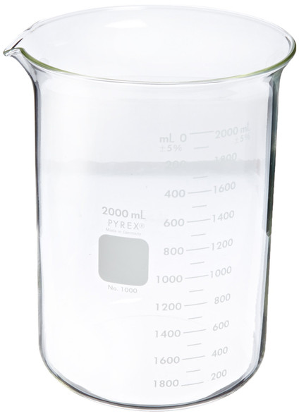Corning Pyrex 1000-2L Glass 2 Liter Graduated Low Form Griffin Beaker, 100mL Graduation Interval, with Double Scale (Pack of 4)