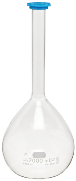 Corning Pyrex 5580-2L Borosilicate Glass 2L +/- 0.5mL Flat Bottom Class A Volumetric Flask, with Polyethylene Snap-Cap