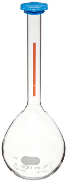 Corning Pyrex 5600-50 Borosilicate Glass 50mL +/- 0.05mL Flat Bottom Class A Lifetime Red Volumetric Flask, with Polyethylene Snap-Cap (Pack of 6)