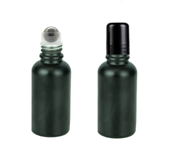 1 oz Matte Black Glass Euro Dropper Bottles w/ 18-415 Steel Roller Ball & Black Cap