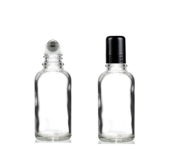 1 oz Clear Euro Glass Bottle w/ 18-415 Steel Roller Ball & Black Cap