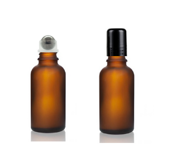 30 ml Frosted Amber Euro Round Glass Bottle w/ Steel Roller Ball & Black Cap