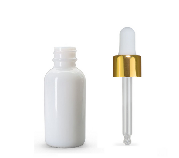 1 oz Opal White Glass Bottle w/ Shiny Gold Bullnose Dropper