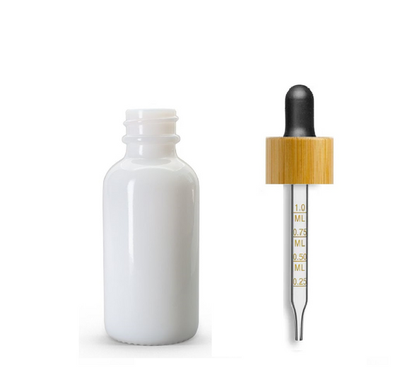 1 oz Opal White Glass Bottle w/ Black Bamboo Calibrated Glass Dropper