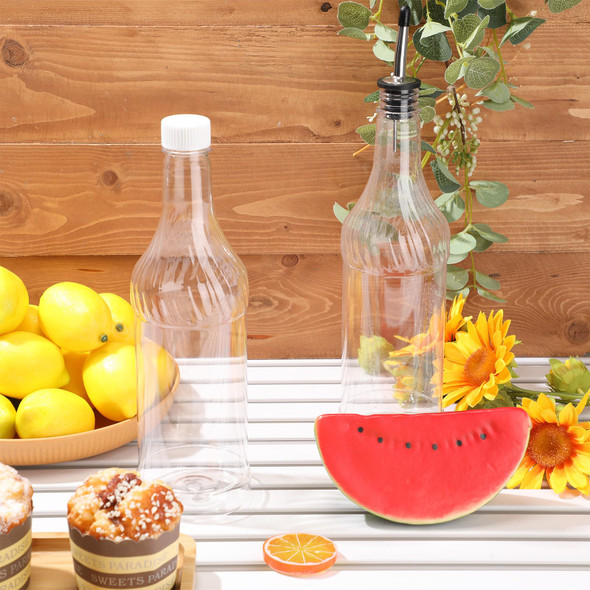 Dandat 20 Pcs 32 oz Plastic Long Neck Bottles with Pourer and Caps Plastic Juice Pour Bottles with Stainless Steel Pourer Tapered Spout for Liquor Juice Store (Sliver)