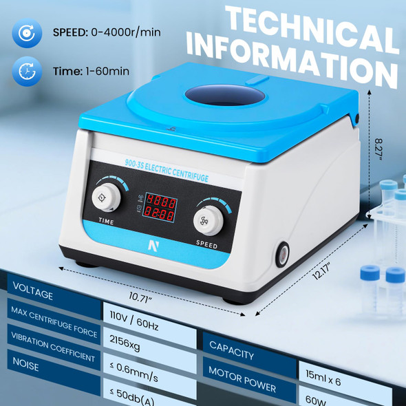 NEWTRY Centrifuge Machine, 15ml x 6 Electric Benchtop Centrifuges for PRP, Digital Display Desktop Lab Centrifuge, 4000r/min (Max. 2156xg) Timer 1-60min