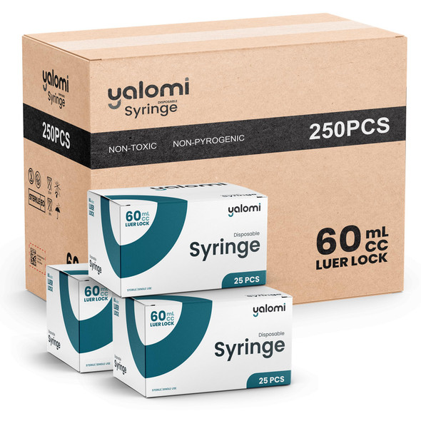 Bulk Case  60mL Luer Lock Syringe (No Needle) | Sterile & Individually Wrapped | Professional, Industrial & Personal Use | 250 Pcs (10x25) | Yalomi