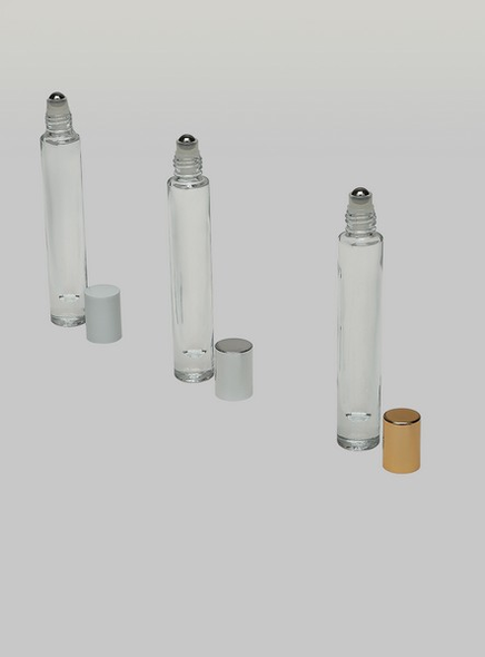 1/3 oz (10ml) Deluxe Round Glass Roll-on Bottle with (Heavy Base Bottom) with Shiny Silver Stainless Caps and Steel Roller Balls