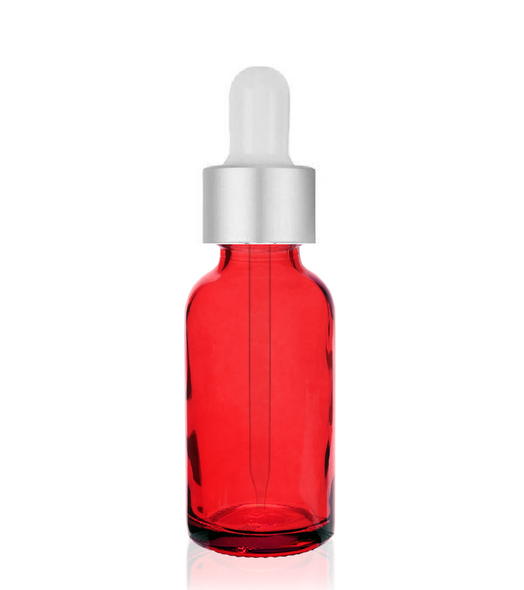 1 Oz Red Glass Bottle w/ Matte silver and White Dropper