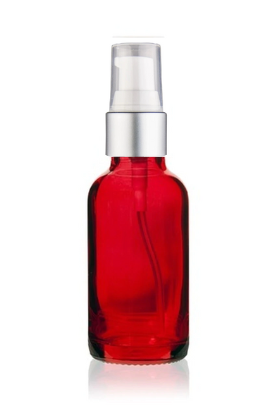 1 Oz Red Glass Bottle w/ Matte silver and White Treatment Pump