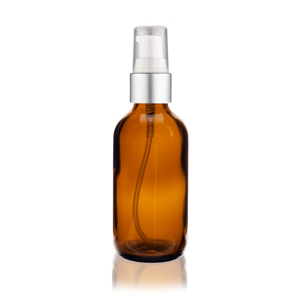 2 Oz Amber Glass Bottle w/ Matte silver and White Treatment Pump