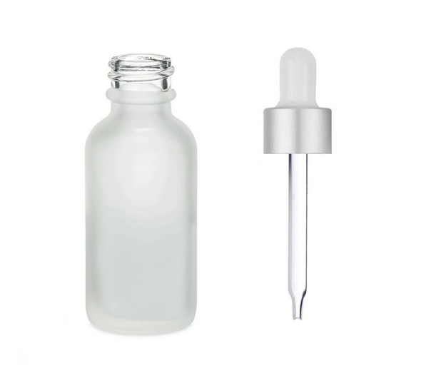 2 oz Frosted Glass Bottle w/ Matte Silver and White Regular Dropper