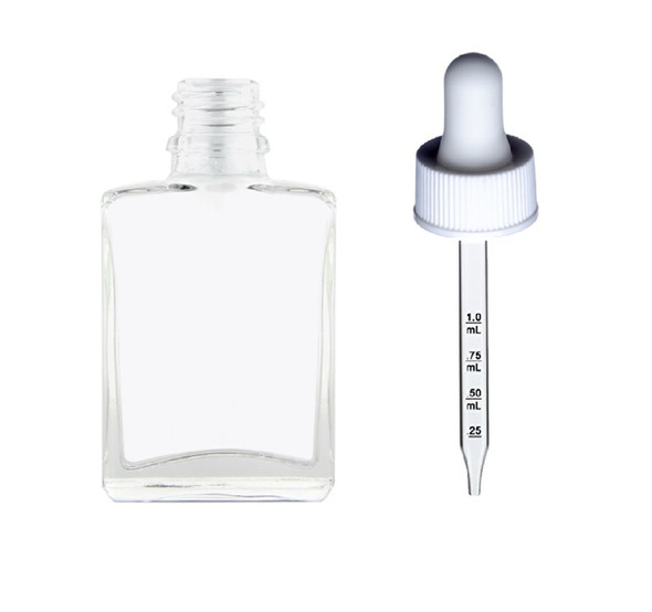 1 oz Clear SQUARE Glass Bottle w/ 18-415 White Regular Calibrated Dropper