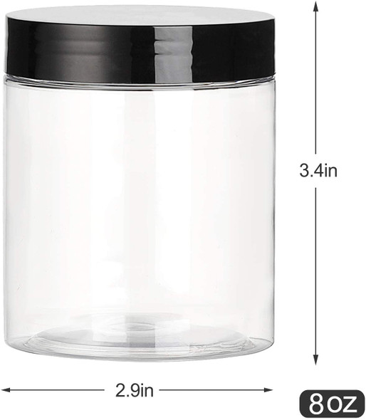 8 oz Clear PET single wall jar with black smooth lid -70-400 neck finish - Set of 24