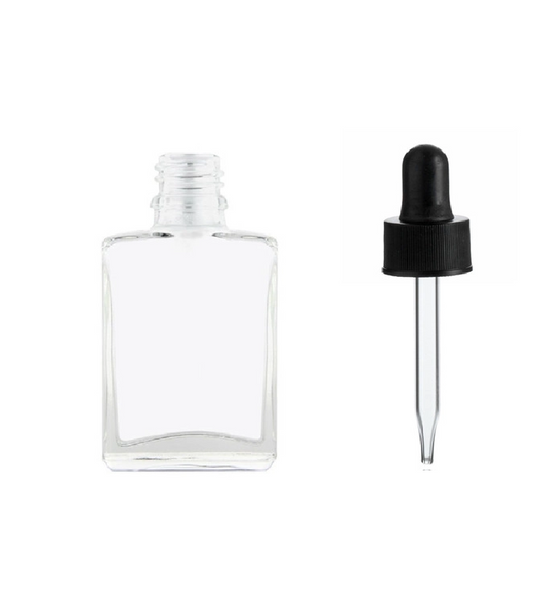 1 oz CLEAR SQUARE Glass Bottle w/ Black Regular Dropper