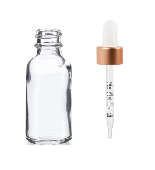 1 Oz Clear Glass Bottle w/ White Rose Gold Calibrated Glass Dropper