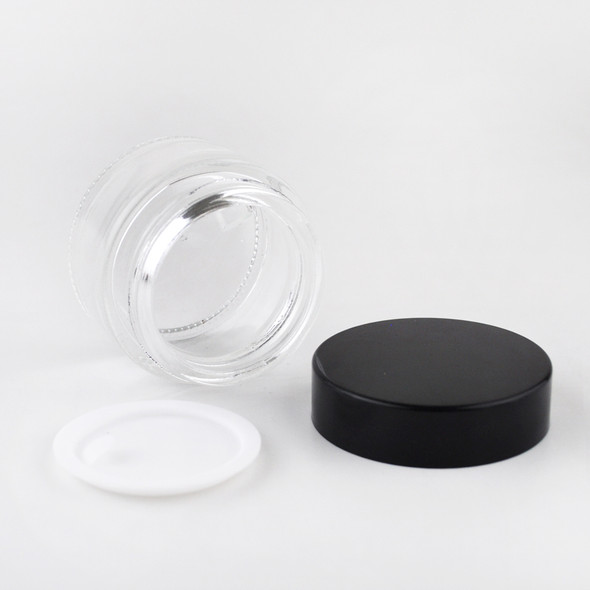 1 oz Glass Clear Cream Jar with White Insert and Black Lid
