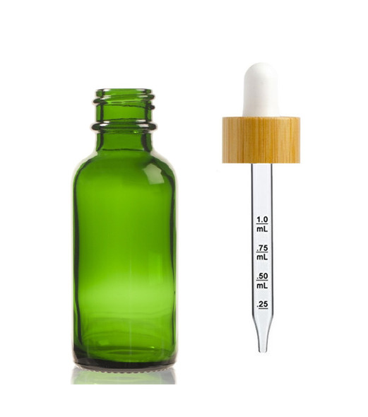 1 oz Green Glass Bottle w/ White-Bamboo Calibrated Glass Dropper