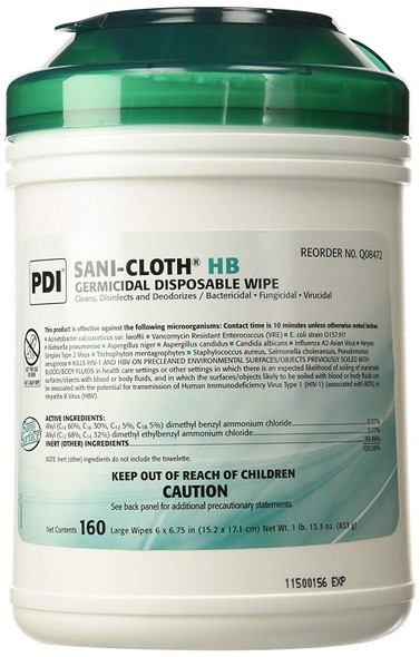PDI Sani-cloth HB Germicidal Disposable Wipes 6" X 6-3/4" (1 Pack of 160) - 13.3 oz.